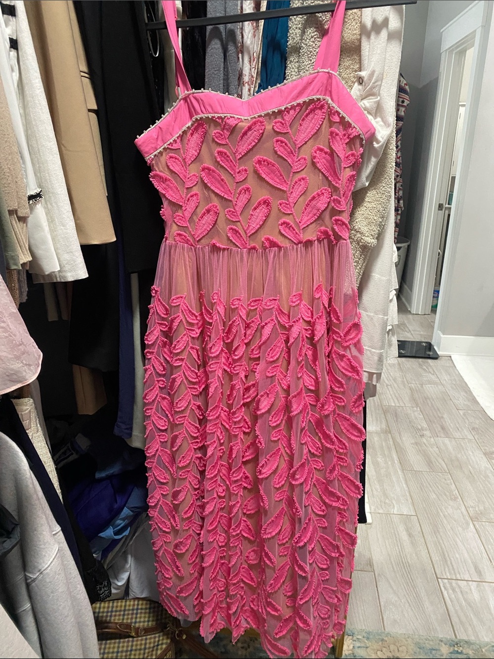 Pink Embroidered Leaf Mesh Midi Dress